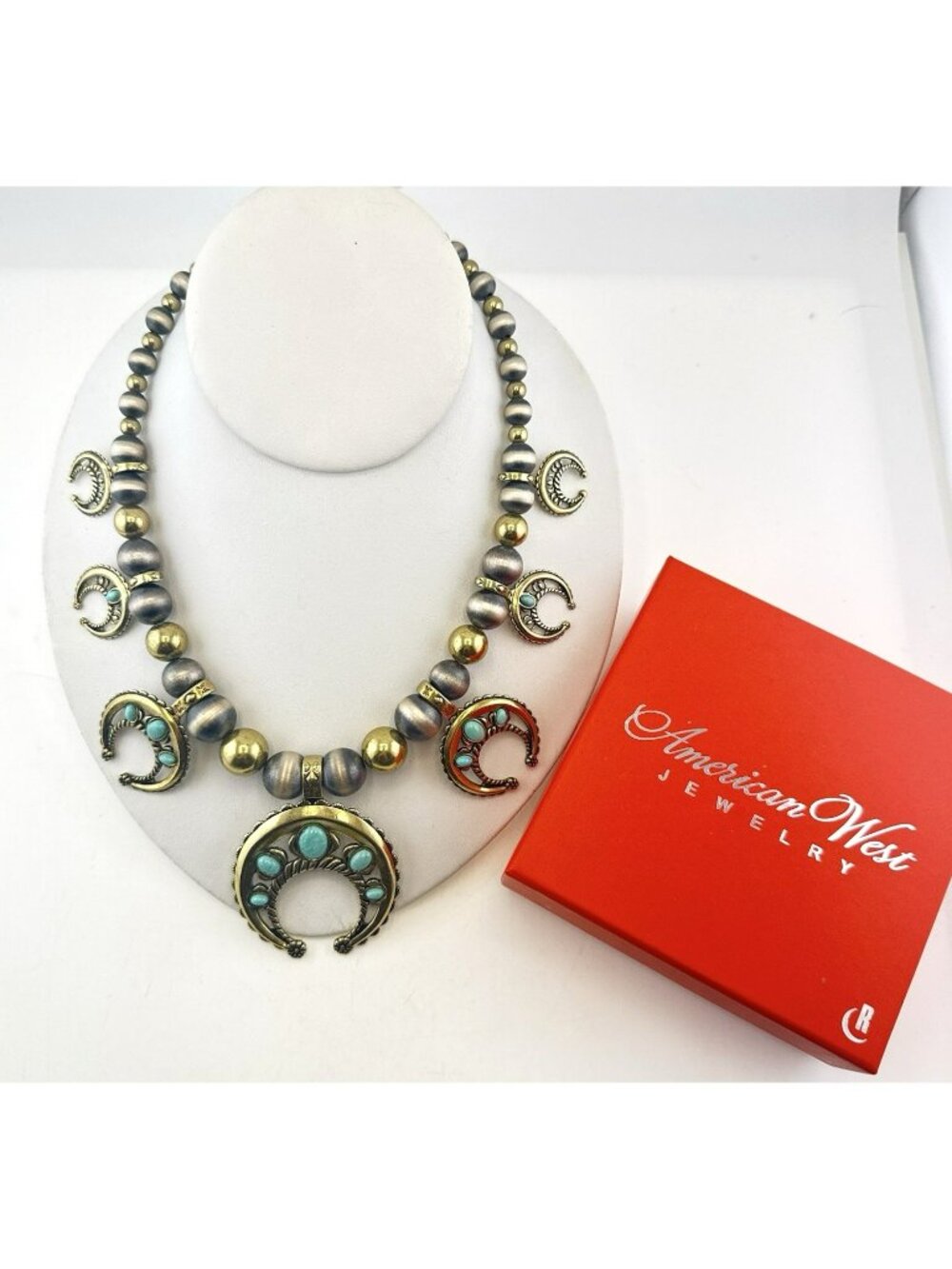 American West Necklace Squash Blossom Carolyn Pollack Turquoise Brass Sterling